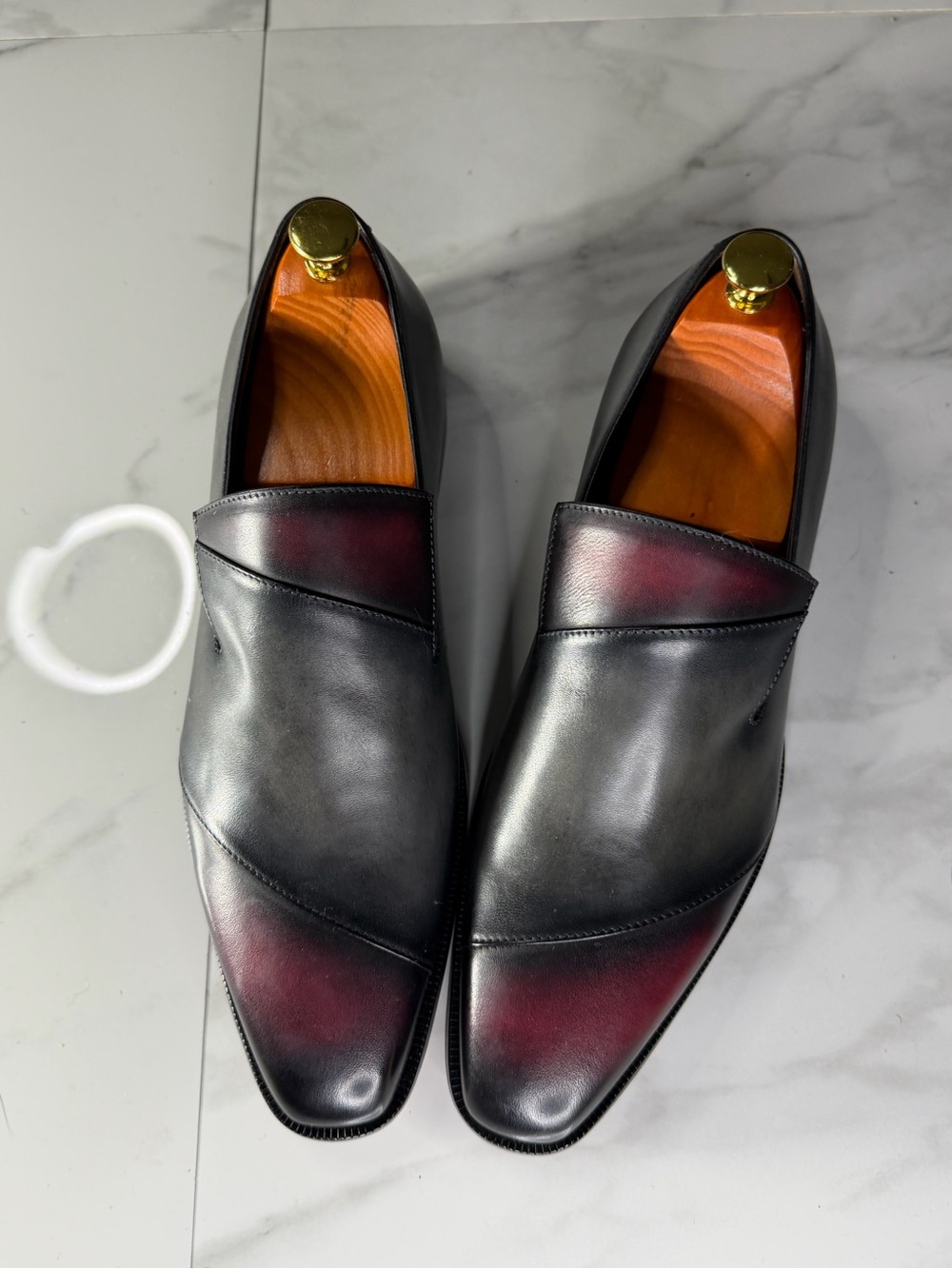 Men's Black Leather Slip-On Loafers with Burgundy Patina